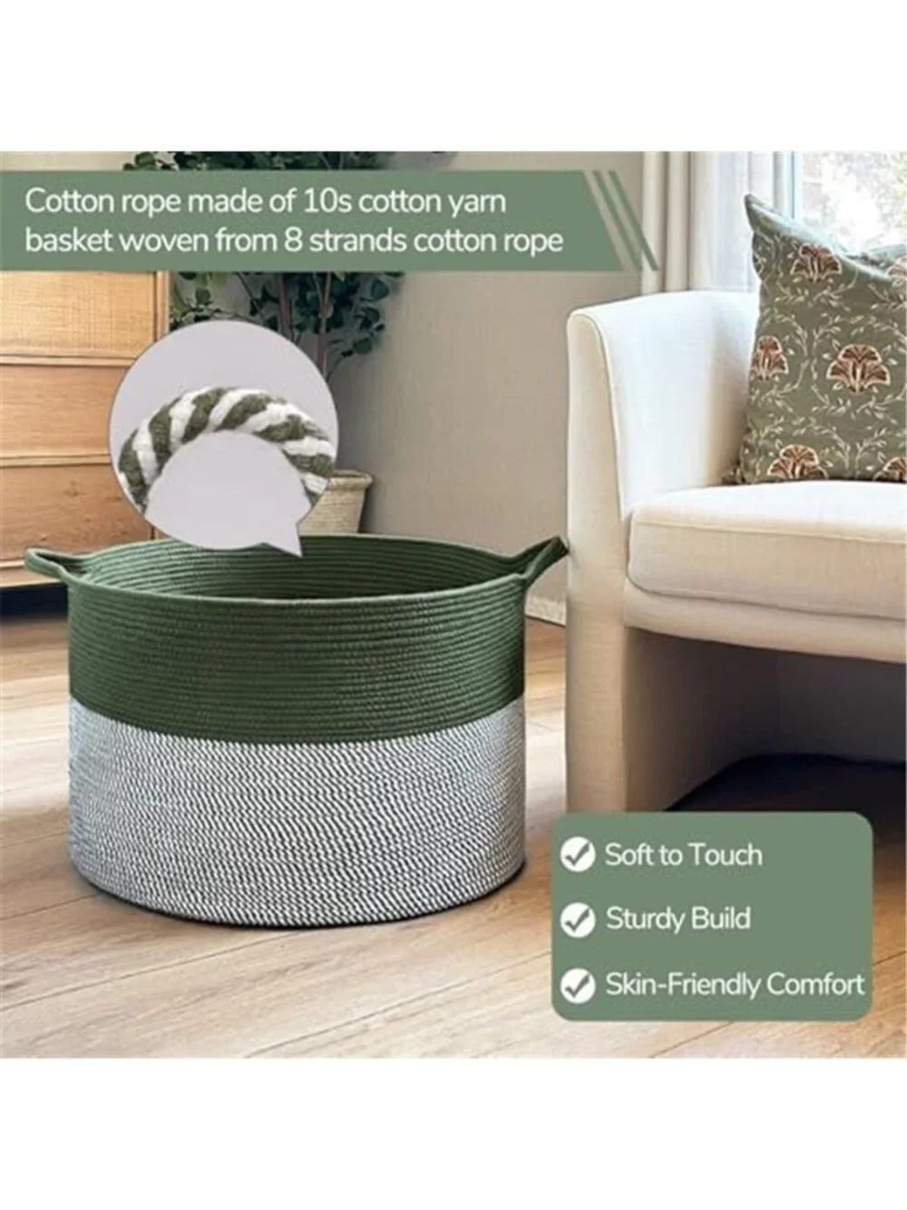 New XXXLarge Woven Rope Blanket Basket Living Room Green, 90L